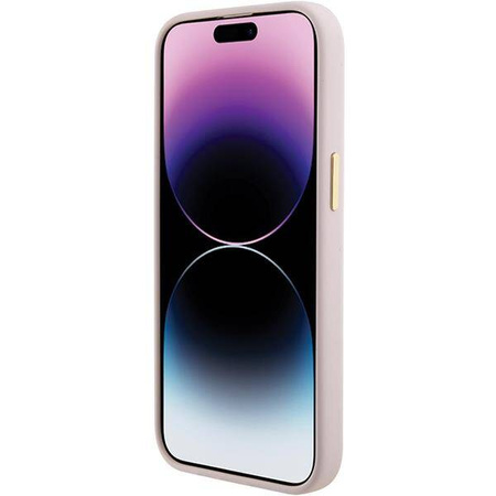 Guess Silicone Script Metal Logo &amp; Frame case for iPhone 15 - pink