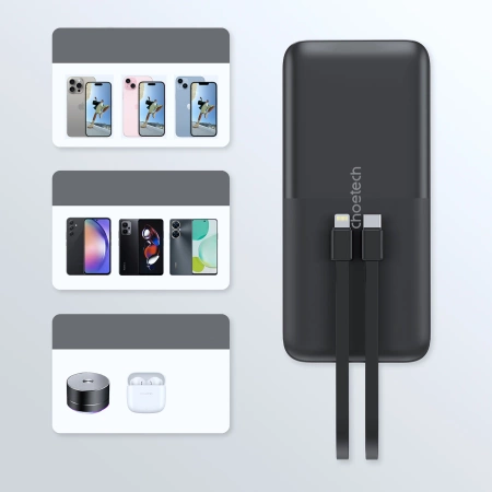 Choetech B654 10000 mAh 22,5 W USB-A/USB-C/Micro-USB-Powerbank mit integriertem USB-C/ Lightning Kabel – Schwarz