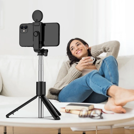 Selfie-Stick WR1YXS Teleskopstativ 0,71 m mit runder Lampe – Schwarz