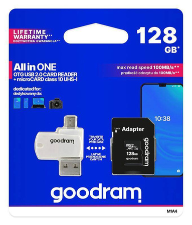 Goodram All in one 128 GB karta pamięci micro SD XC UHS-I class 10, adapter SD, czytnik kart micro SD OTG (USB, micro USB) (M1A4-1280R12)