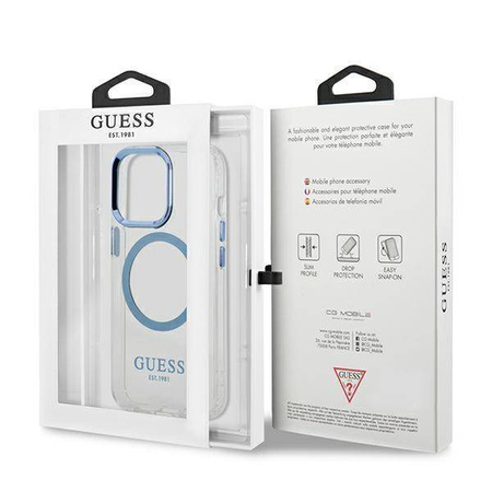 Oryginalne Etui IPHONE 13 PRO Guess Hard Case Metal Outline Magsafe (GUHMP13LHTRMB) niebieskie