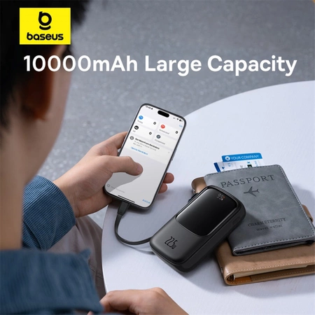 Baseus Qpow Pro+ 10000 mAh 22,5 W Powerbank mit integriertem USB-C-Kabel und Display – Schwarz