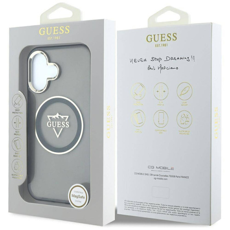 Original Handyhülle IPHONE 16 Guess IML Metal Mountain Logo MagSafe schwarz