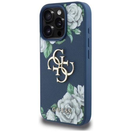 Guess Grained Roses Big 4G Logo Hülle für iPhone 16 Pro - Blau