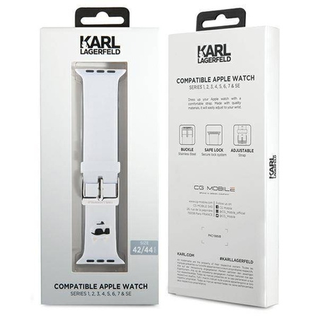 Armband für APPLE WATCH 4 / 5 / 6 / 7 / 8 / SE / ULTRA (42 / 44 / 45 / 49 MM) Karl Lagerfeld Strap 3D Rubber Choupette Head (KLAWLSLCNH) weiß