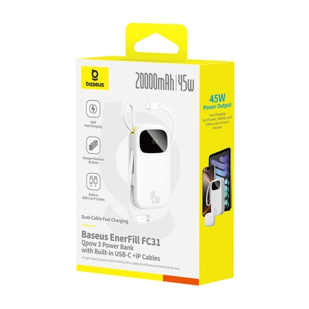 Baseus EnerFill FC31 20000mAh 45W Powerbank mit Digitalanzeige und 2 integrierten Kabeln (USB-C + Lightning) - Weiß