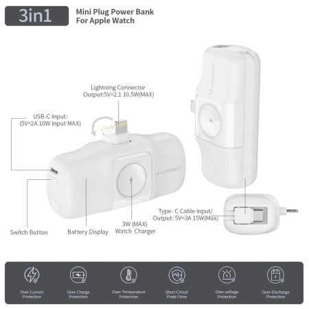 Wozinsky WF16-YLS 5000 mAh 15 W Lightning Mini-Powerbank mit integriertem USB-C-Kabel und Apple Watch Ladegerät – Weiß