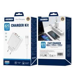 JELLICO Netz-Ladegerät EU20 GaN PD 65W 2xUSB-C + 1xUSB QC3.0 + Kabel USB-C - USB-C weiss