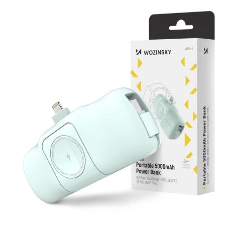 Wozinsky WF16-YLS 5000 mAh 15 W Lightning Mini-Powerbank mit integriertem USB-C-Kabel und Apple Watch Ladegerät – Grün