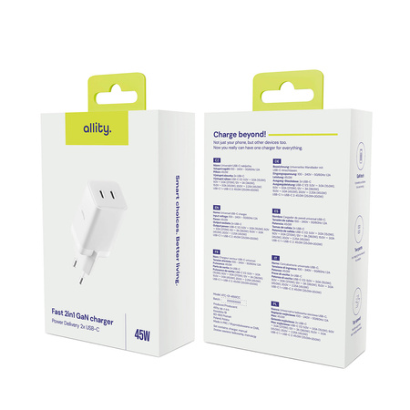 Allity ładowarka sieciowa GaN PD QC ATC-01-45WCC 2x USB-C 45W biała