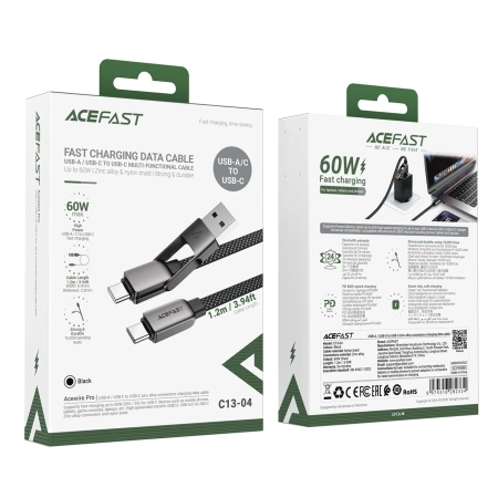 Acefast C13-04 USB-C - USB-A / USB-C Kabel 480Mb/s 3A 1,2m - Schwarz