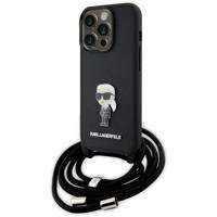 Karl Lagerfeld Umhängetasche mit Saffiano-Monogramm und Metallnadel, Karl & Choupette-Hülle für iPhone 15 Pro – Schwarz