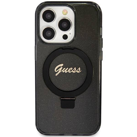 Guess Ring Stand Script Glitter MagSafe Hülle für iPhone 15 Pro – Schwarz
