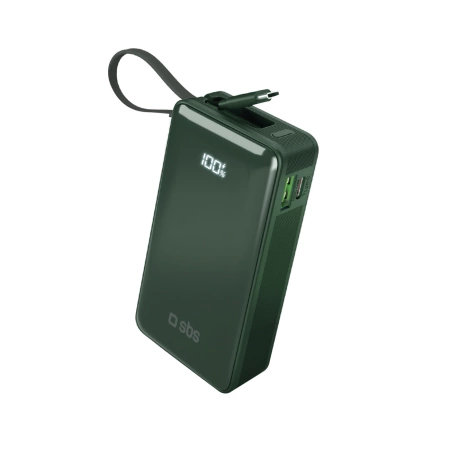 Powerbank SBS 10000 mAh 20W with built-in USB-C cable and digital display - green