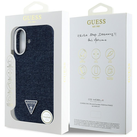 Original Handyhülle IPHONE 16 Guess Denim Triangle Logo MagSafe blau