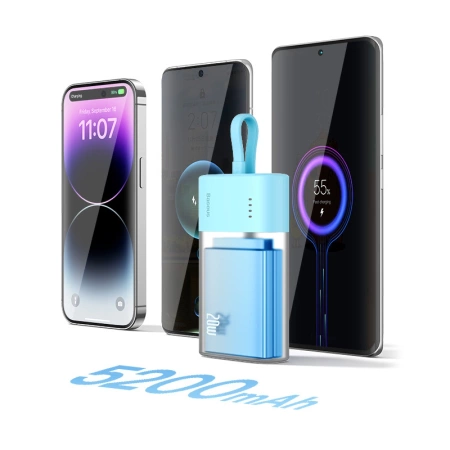 Powerbank Baseus Popsicle 5200mAh 20W z wbudowanym kablem Lightning (+ biały kabel Baseus Simple USB-C - USB-C 60W/20V/3A/30cm) - niebiesko-pomarańczowy