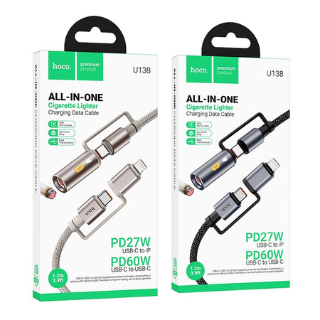 HOCO kabel All-in-one Typ C / Lightning do Typ C / Zapalniczka samochodowa PD 3A 60W U138 1,2 m szary