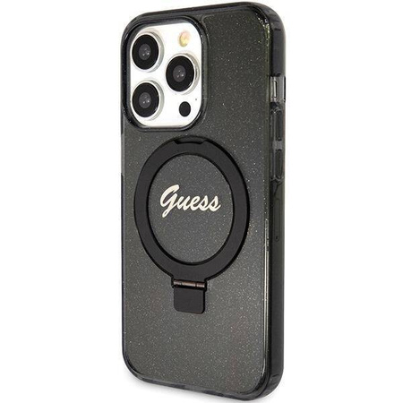 Guess Ring Stand Script Glitter MagSafe Hülle für iPhone 15 Pro – Schwarz