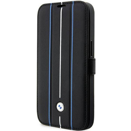 Oryginalne Etui IPHONE 14 PRO BMW Bookcase Leather Stamp Blue Lines (BMBKP14L22RVSK) czarne