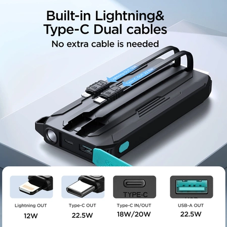 Powerbank Joyroom JR-L017 22.5W 10000mAh z wbudowanymi kablami USB-C / Lightning - czarny