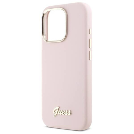 Original Handyhülle IPHONE 16 PRO Guess Hardcase Silicone Script Metal Logo & Frame (GUHCP16LSMBSLP) rosa