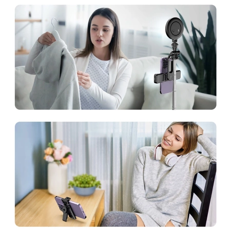 Selfie stick WC13YDS telescopic tripod 1.3m with double lamp and phone holder - black