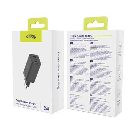 Allity ładowarka sieciowa GaN PD QC ATC-01-65WACC 2x USB-C + 1x USB-A 65W czarna