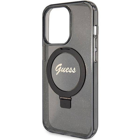 Guess Ring Stand Script Glitter MagSafe-Hülle für iPhone 15 Pro Max – Schwarz
