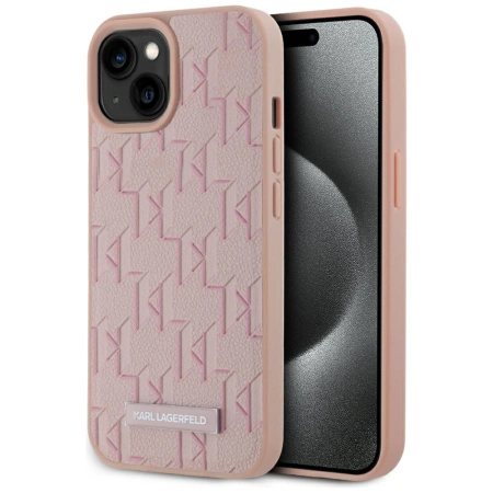 Karl Lagerfeld Leder-Monogramm-Metalllogo MagSafe iPhone 15 Hülle - Rosa