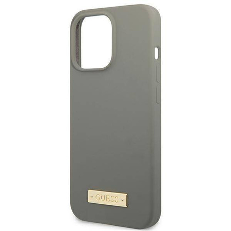 Oryginalne Etui IPHONE 13 PRO MAX Guess Hard Case Silicone Logo Plate MagSafe (GUHMP13XSPLG) szare