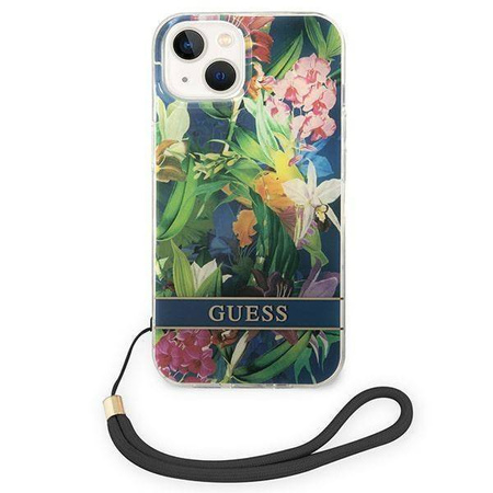 Original Handyhülle IPHONE 14 PLUS Guess Hardcase Flower Strap (GUOHCP14MHFLSB) blau