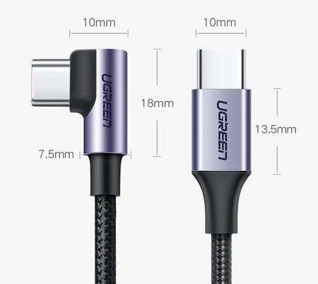 Ugreen angle cable USB Type C - USB Type C Power Delivery 60 W 20 V 3 A 1 m black-gray cable (US255 50123)