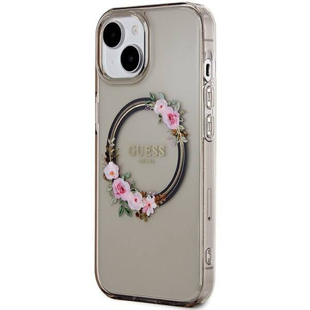 Guess IML Flowers Wreath MagSafe Hülle für iPhone 15 / 14 / 13 – Schwarz