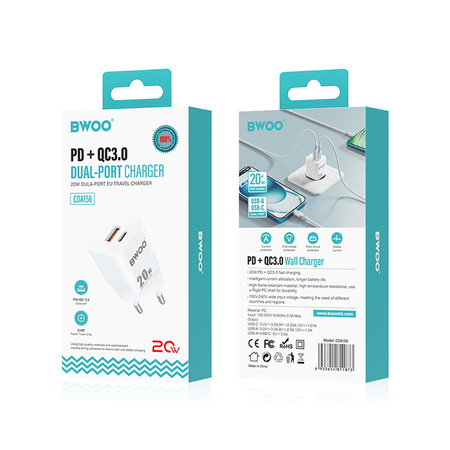 BWOO ładowarka sieciowa CDA156 20W mini wall charger USB-C, USB-A
