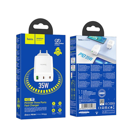 HOCO ładowarka sieciowa 2 x Typ C + USB A QC PD 35W N33 biała
