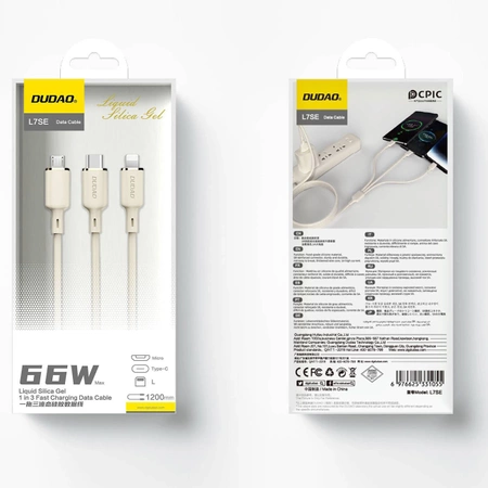 Kabel 3w1 Dudao L7SE USB-C - USB-C / Lightning / micro USB 66W 1.2m - beżowy