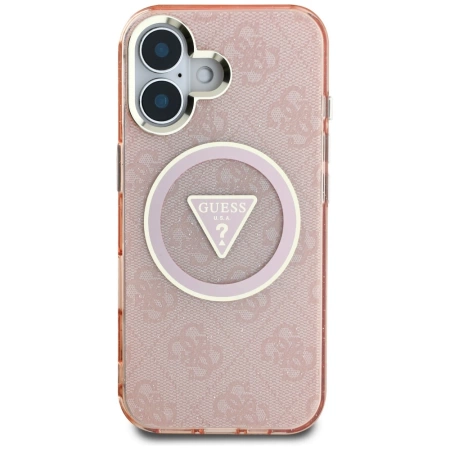 Etui Guess IML Metal Glitter 4G Circle Triangle MagSafe na iPhone 16 - różowe