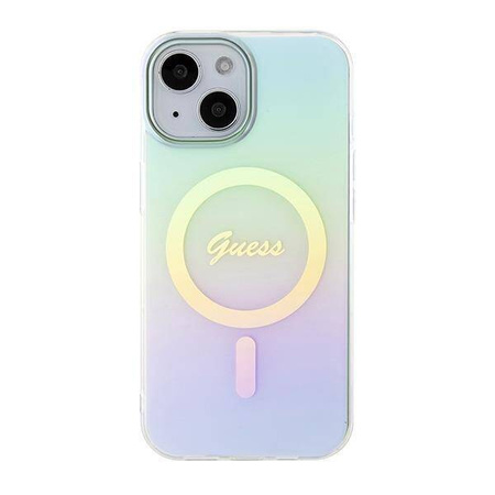 Oryginalne Etui APPLE IPHONE 15 Guess Hardcase IML Iridescent MagSafe (GUHMP15SHITSQ) turkusowe