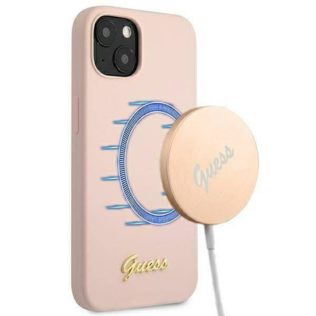 Guess GUHMP13MLSLMGLP iPhone 13 6.1 "Hellrosa / Hellrosa Hardcase Silikonschrift Gold Logo Magsafe