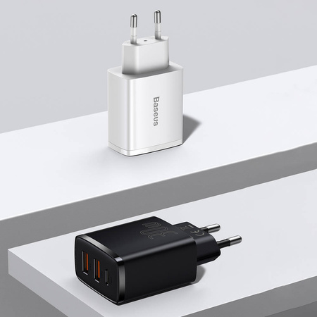 Baseus Compact szybka ładowarka sieciowa 2x USB / USB Typ C 30W 3A Power Delivery Quick Charge biały (CCXJ-E02)
