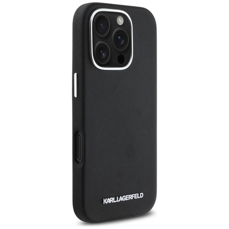 Oryginalne Etui IPHONE 16 PRO Karl Lagerfeld Saffiano Full Wrapped Elongated Metal Logo MagSafe czarne