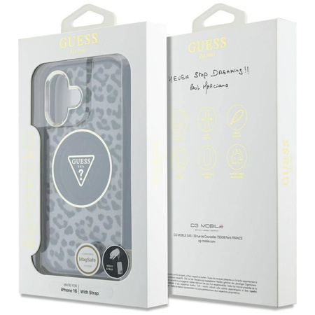 Original Case IPHONE 16 Guess HC IML Leopard Triangle Cord Strap black