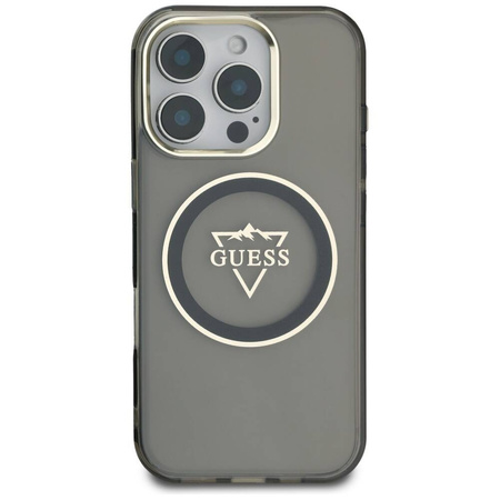 Original Handyhülle IPHONE 16 PRO Guess IML Metal Mountain Logo MagSafe schwarz