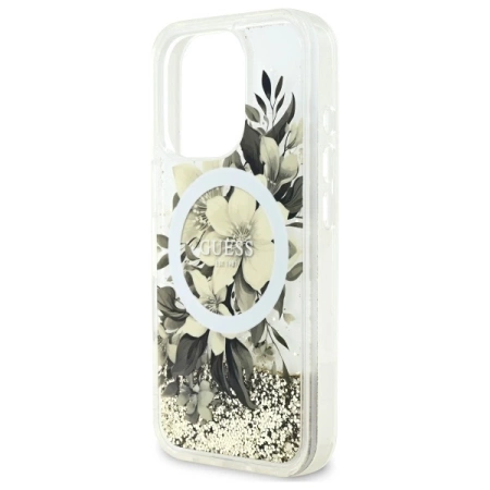 Guess Liquid Glitter Flower MagSafe-Hülle für iPhone 16 Pro – Beige