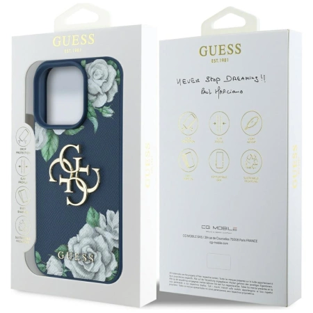 Guess Grained Roses Big 4G Logo Hülle für iPhone 16 Pro Max - Blau