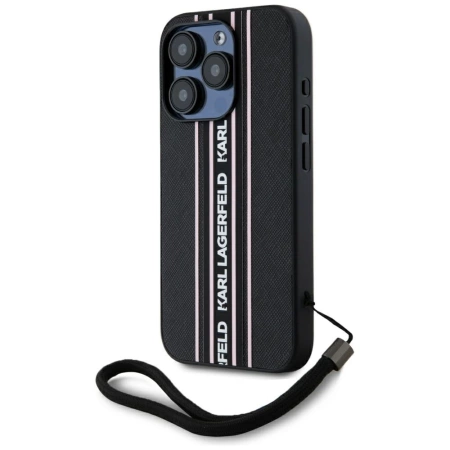 Karl Lagerfeld Saffiano Athleisure Stripes Cord iPhone 15 Pro Case - Pink