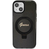 Guess Ring Stand Script Glitter MagSafe-Hülle für iPhone 15 – Schwarz