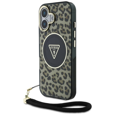Original Handyhülle IPHONE 16 Guess HC IML Leopard Triangle Cord Strap braun
