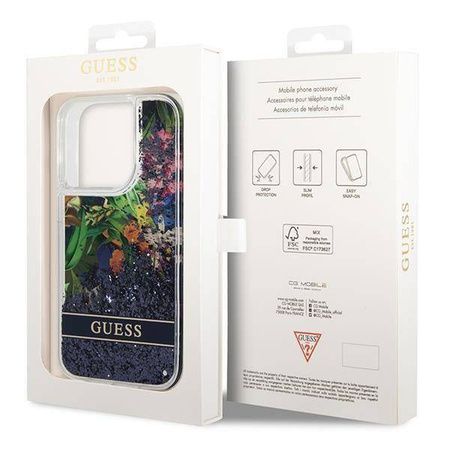 Etui IPHONE 14 PRO Guess Hardcase Flower Liquid Glitter niebieskie