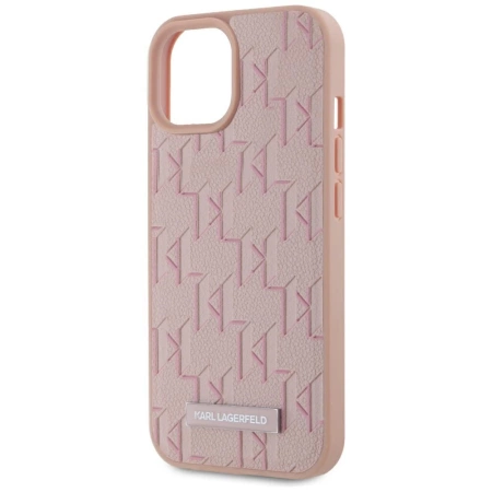 Karl Lagerfeld Leder-Monogramm-Metalllogo MagSafe iPhone 15 Hülle - Rosa